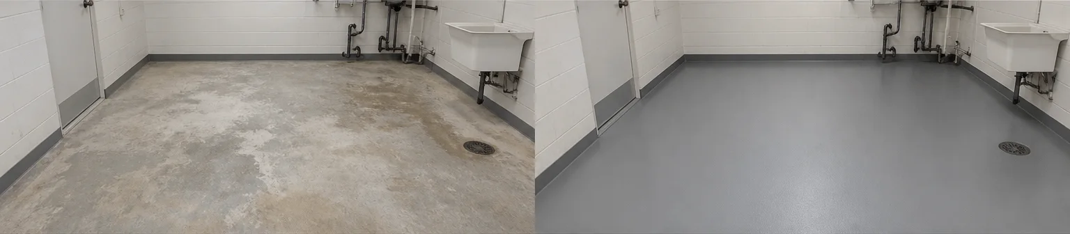 Three visual before-and-after examples of floor coatings, example 2