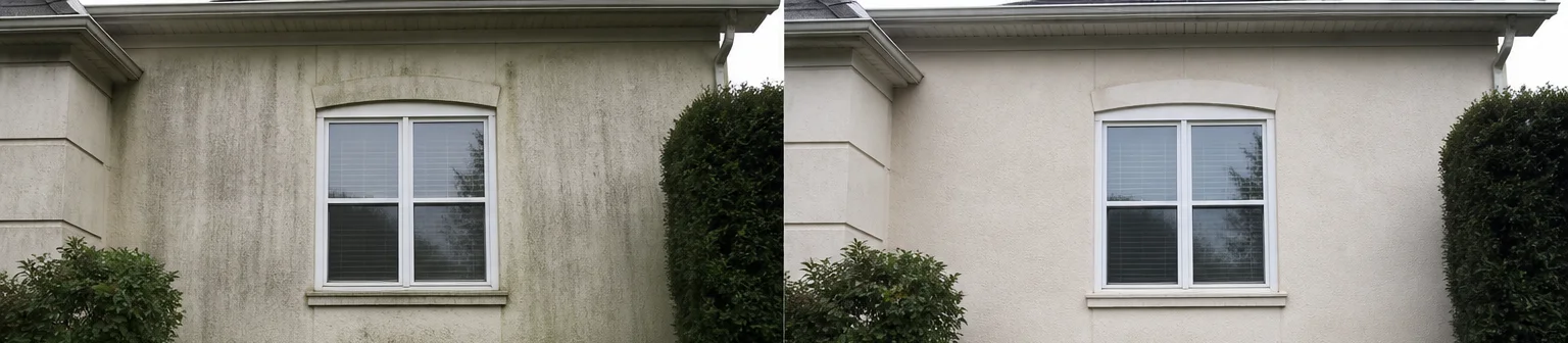 Three visual before-and-after examples of house soft washing, example 1
