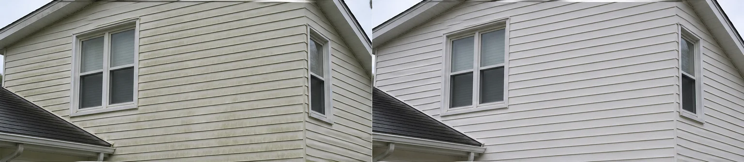 Three visual before-and-after examples of house soft washing, example 2