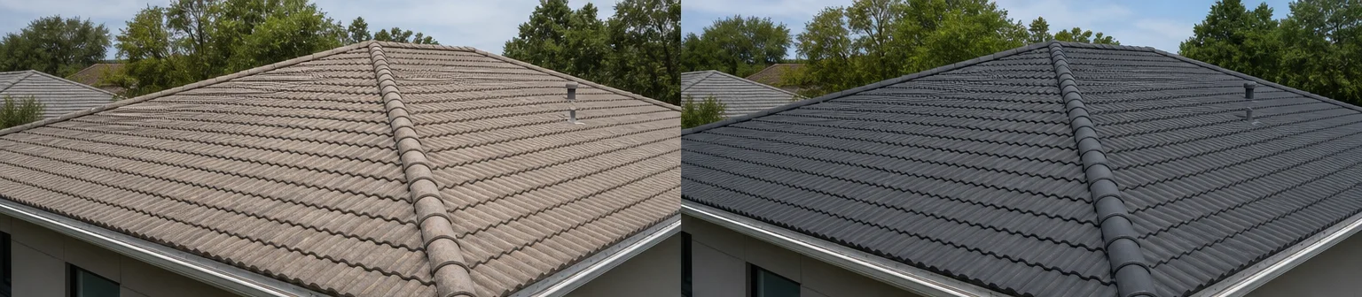 Three visual before-and-after examples of roof coatings, example 1