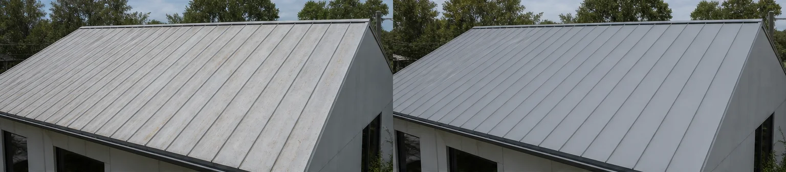 Three visual before-and-after examples of roof coatings, example 2