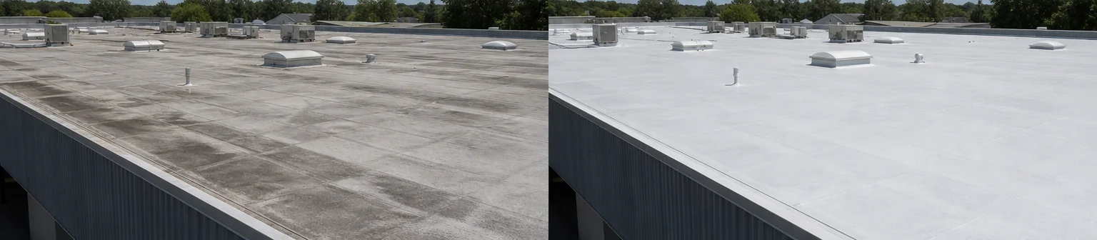 Three visual before-and-after examples of roof coatings, example 3