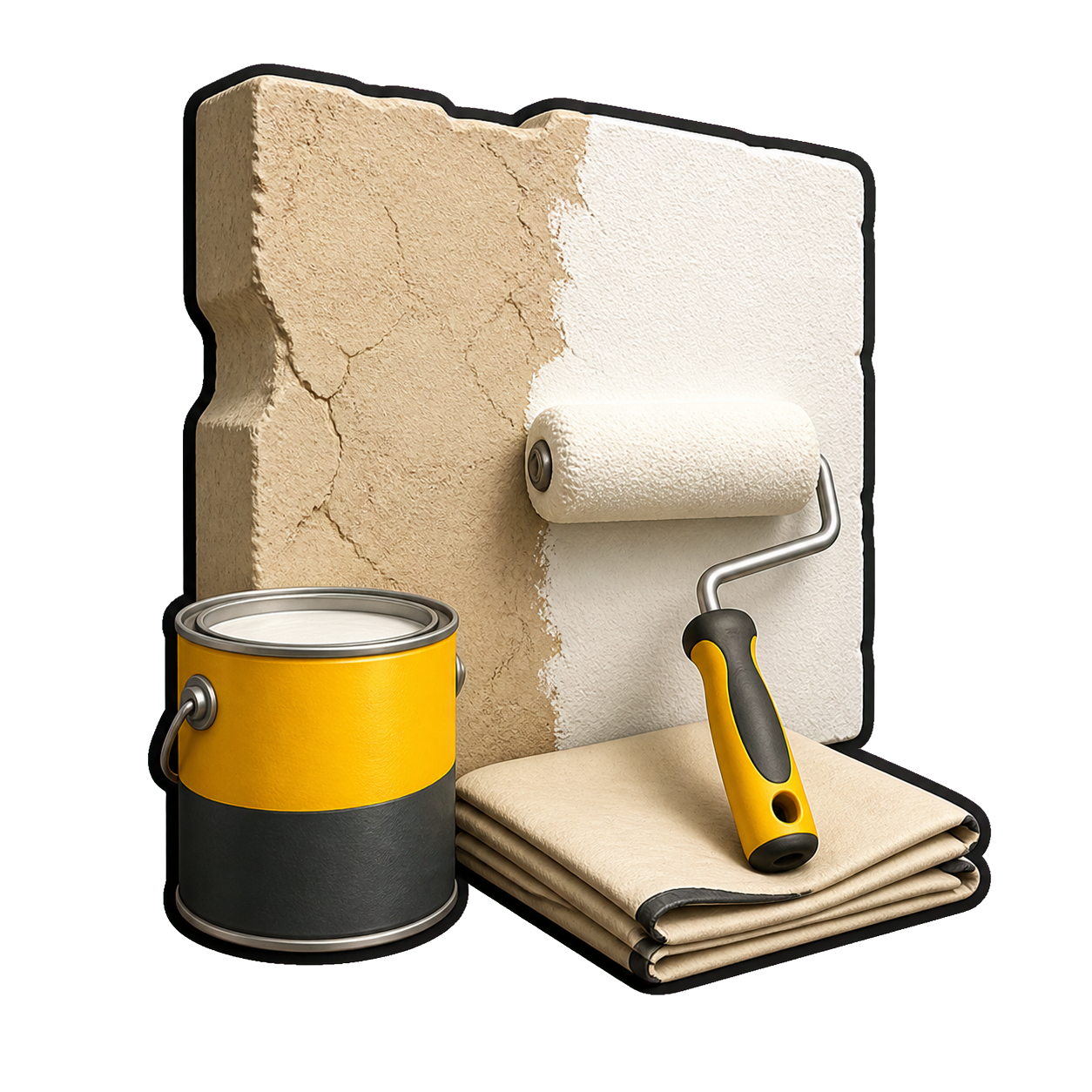 Exterior wall painting tools and a freshly painted stucco sample