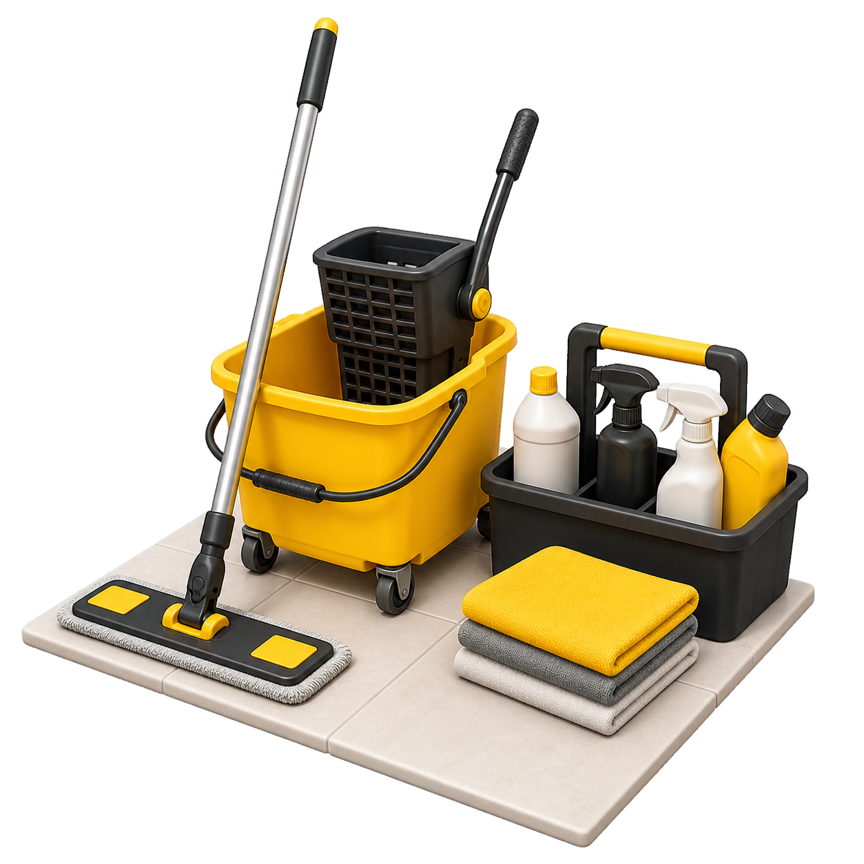 Professional office-cleaning mop, bucket, and supplies