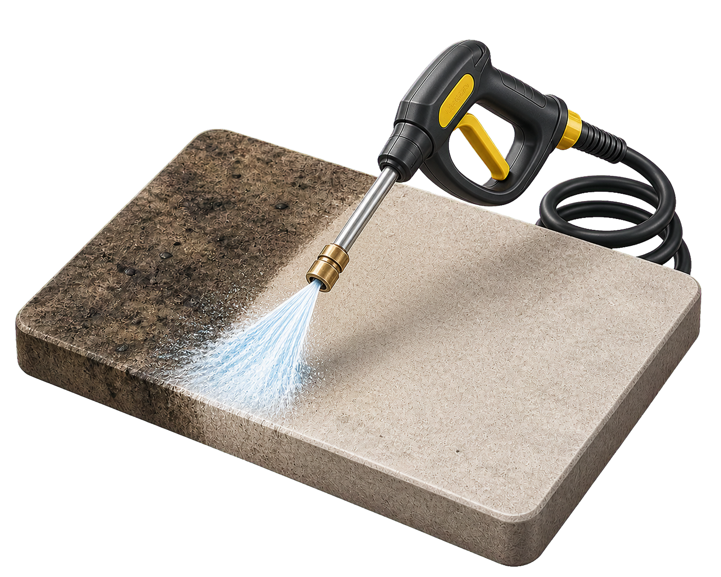 Pressure-washer spray gun cleaning a path through dirty concrete